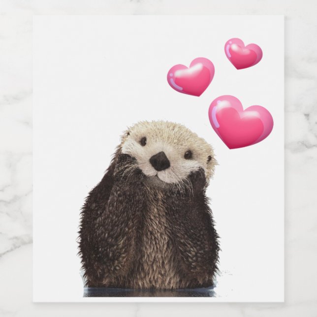 Cute Otter med Rosa Kärlek Hearts Vinflaska Etikett (Singel etikett)