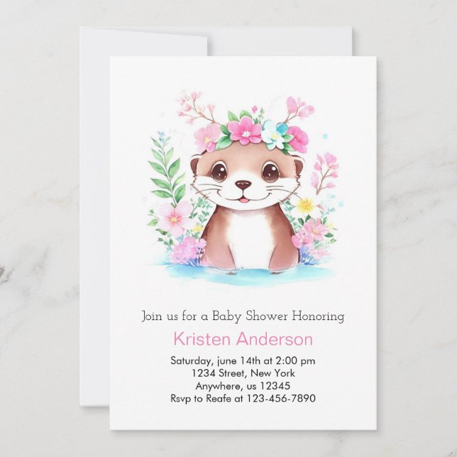 Cute Otter Rosa Meadow Äventyr Girl Baby Shower Inbjudningar (Framsida)