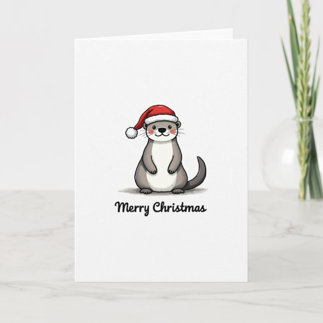 Cute Otter Santa Hat Winter Animal Merry Christmas Kort (Framsida)