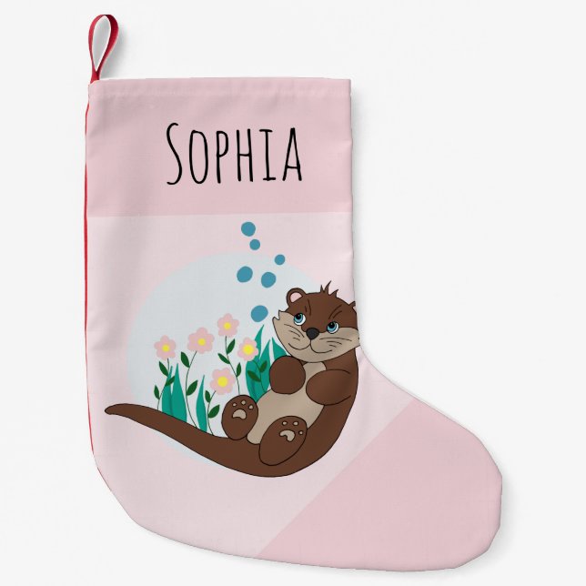 Cute Otter Tecknad Flowers och Namn Kids Liten Julstrumpa (Framsidan)