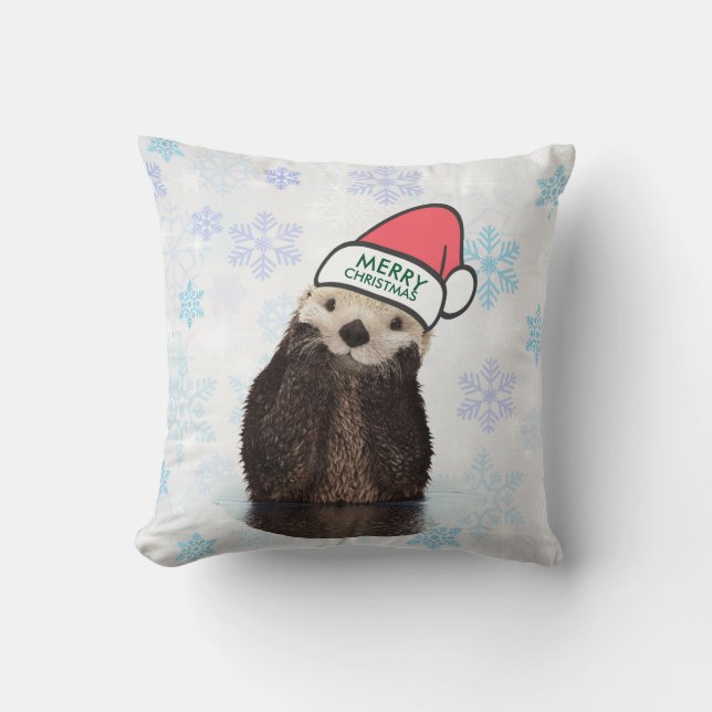 Cute Otter Wearing a Santa Hat God jul Kudde (Framsida)