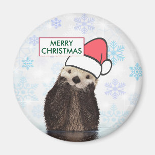 Cute Otter Wearing a Santa Hat God jul Magnet