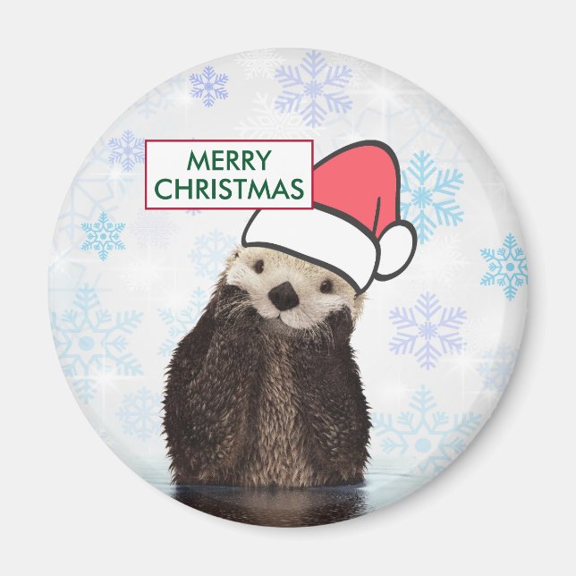 Cute Otter Wearing a Santa Hat God jul Magnet (Framsidan)