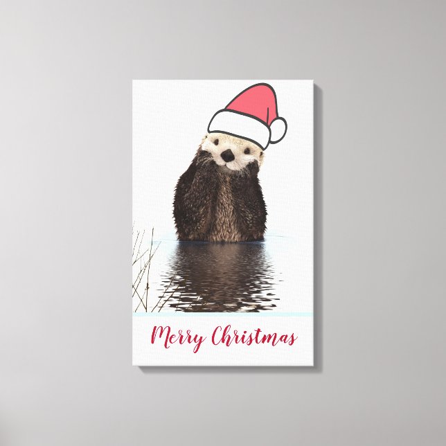 Cute Otter Wearing a Santa Hat jul Canvastryck (Framsida)