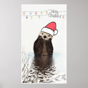 Cute Otter Wearing a Santa Hat jul Poster