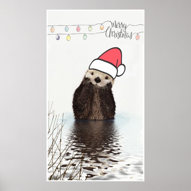 Cute Otter Wearing a Santa Hat jul Poster (Framsidan)