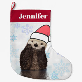 Cute Otter Wearing a Santa Hat jul Stor Julstrumpa