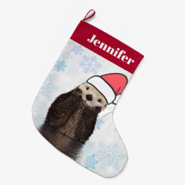 Cute Otter Wearing a Santa Hat jul Stor Julstrumpa
