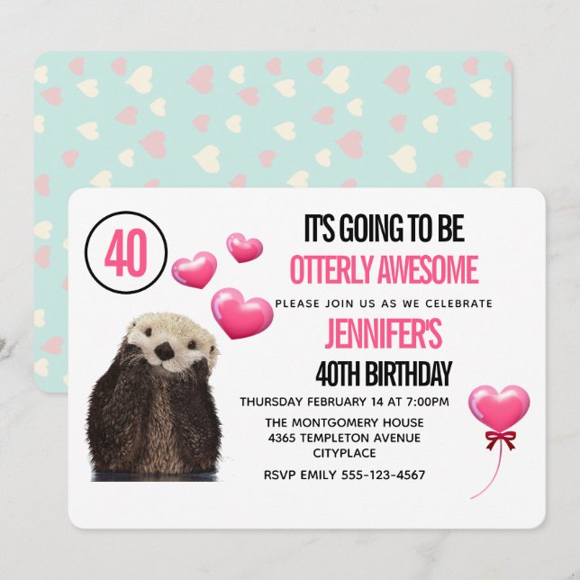 Cute Otter Wildlife med Rosa Hearts Birthday Inbjudningar (Fram/baksida)