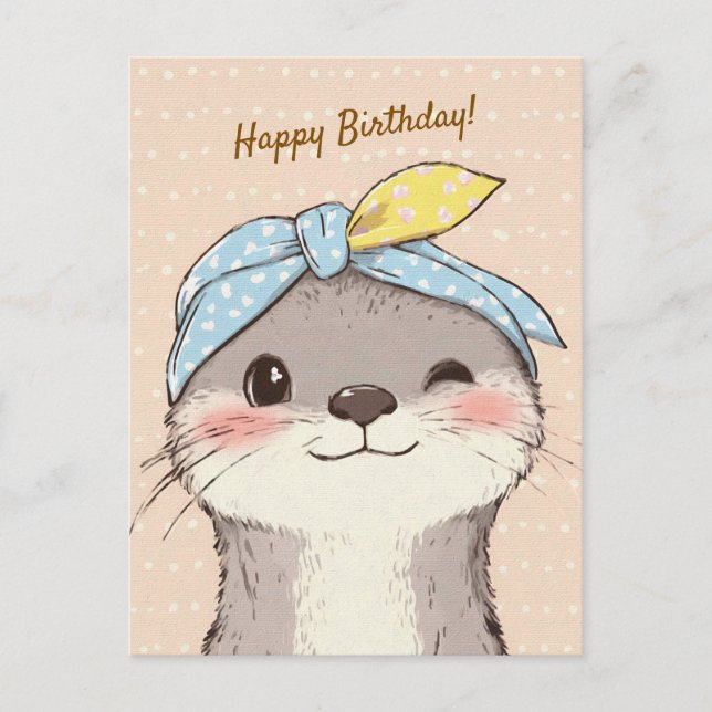Cute Otter with Bandana Kids Birthday Invitation Vykort (Framsida)