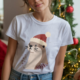 Cute otter with Christmas hat, Holiday Animal T Shirt