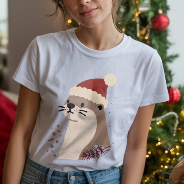 Cute otter with Christmas hat, Holiday Animal T Shirt (Skapare uppladdad)