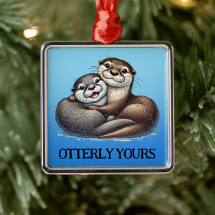 Cute Otterly Yours Cuddling River Otters Julgransprydnad Metall