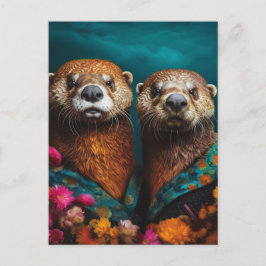 Cute Otters Blommigt Porträtt Vykort