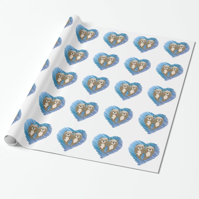 Cute Otters med Blue Heart i bakgrunden Presentpapper (Utrullad)
