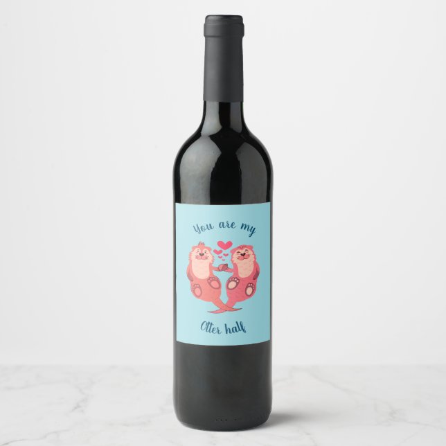 Cute Otters Valentines day par Personlig Vinflaska Etikett (Framsida)