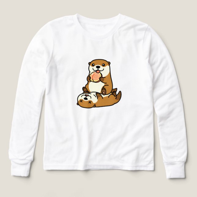 Cute Otters with Lollipop Sweet Cartoon Animal Art T Shirt (Design framsida)