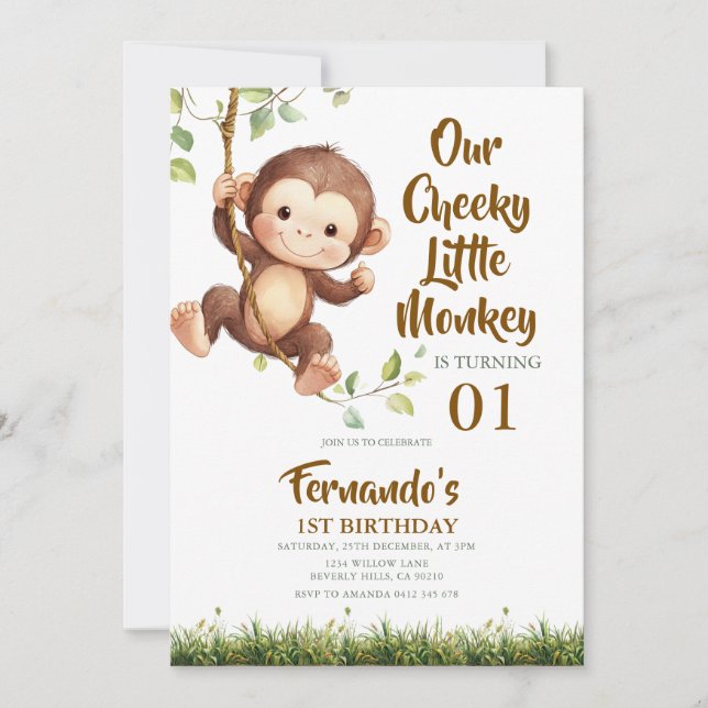 Cute Our Cheeky Little Monkey Safari 1st Birthday  Inbjudningar (Framsida)