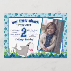Cute our Little Shark Ocean Photo 2nd Birday Inbjudningar