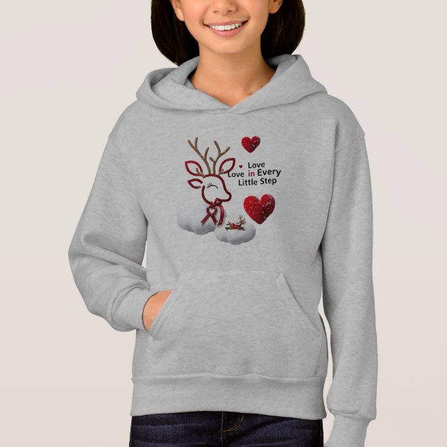 Cute Outline Reindeer Love Hearts Girls' Pullover  T Shirt (Framsida)