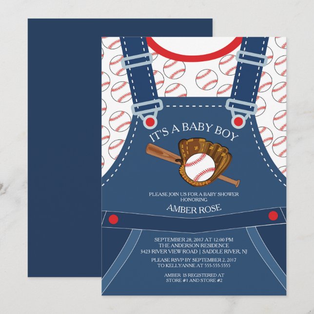 Cute Overalls BASEBALL Baby Shower-inbjudan Inbjudningar (Fram/baksida)