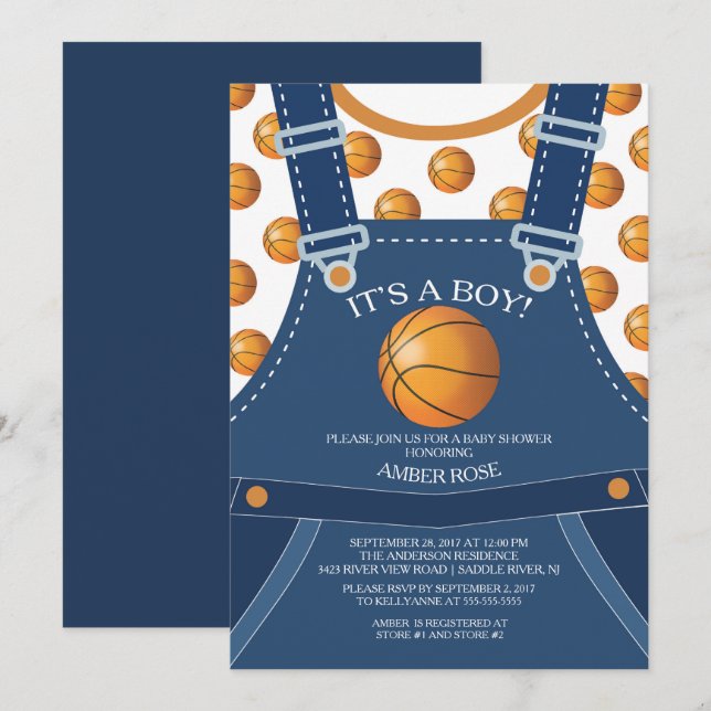 Cute Overalls BASKETBALL Baby Shower-inbjudan Inbjudningar (Fram/baksida)