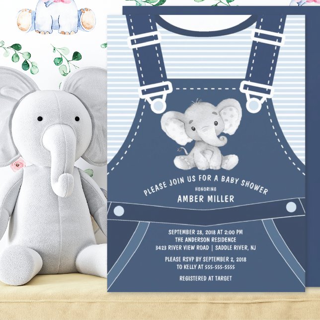 Cute Overalls ELEPHANT Baby Shower-inbjudan Inbjudningar (Skapare uppladdad)