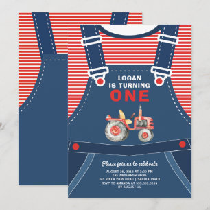Cute Overalls Farm Tractor Boys Birthday Call Inbjudningar