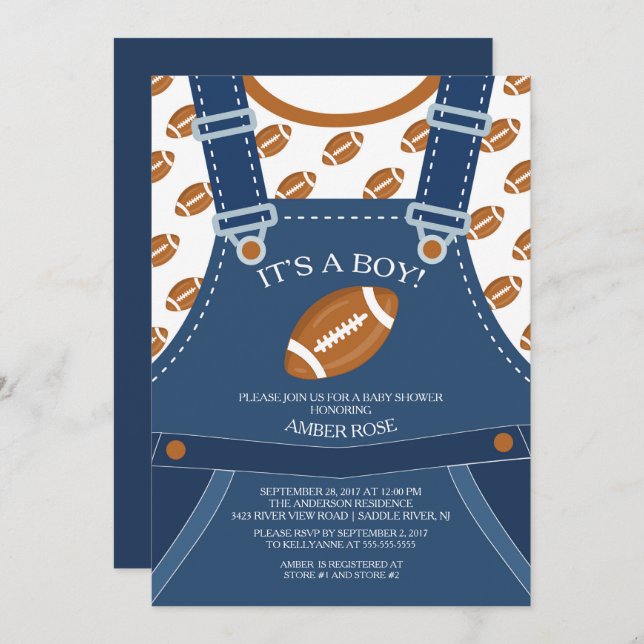 Cute Overalls FOOTBALL Baby Shower-inbjudan Inbjudningar (Fram/baksida)