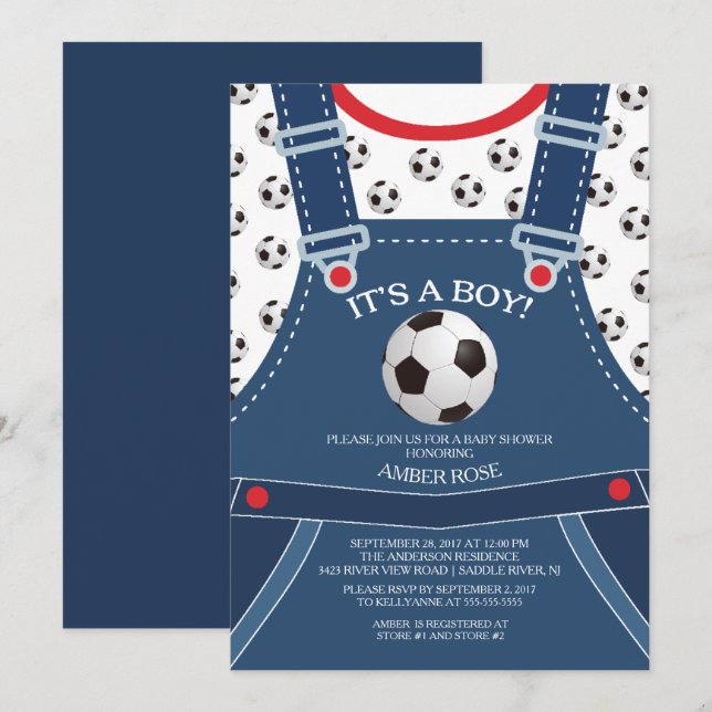 Cute Overalls SOCCER Ball Baby Shower-inbjudan Inbjudningar (Fram/baksida)
