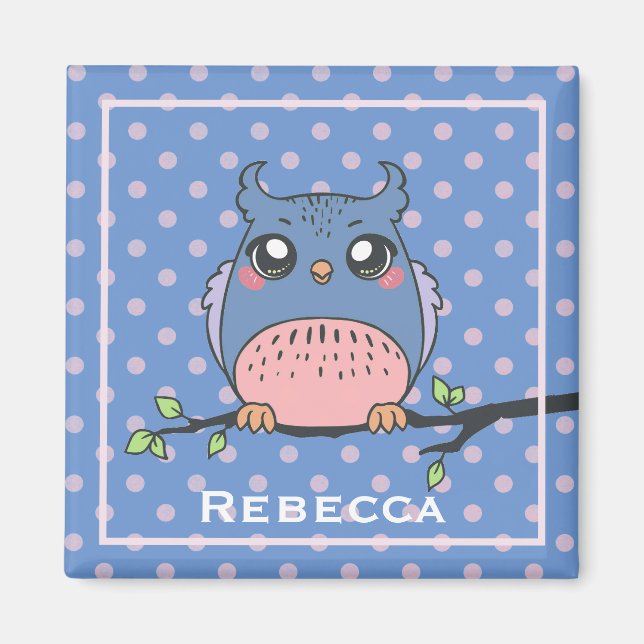 Cute Owl Art Dotty Personalised Girls  Magnet (Framsidan)