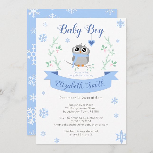 Cute owl baby boy winter babyshower inbjudningar (Fram/baksida)