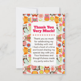 Cute Owl Birthday Thank you card Tack Kort