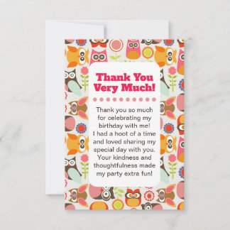 Cute Owl Birthday Thank you card Tack Kort