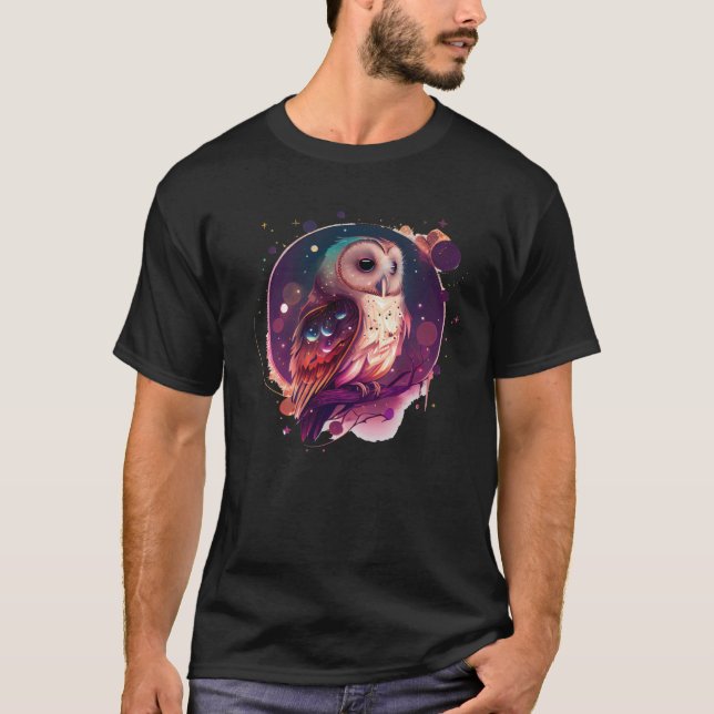 Cute Owl Celestial Elements Illustration T Shirt (Framsida)