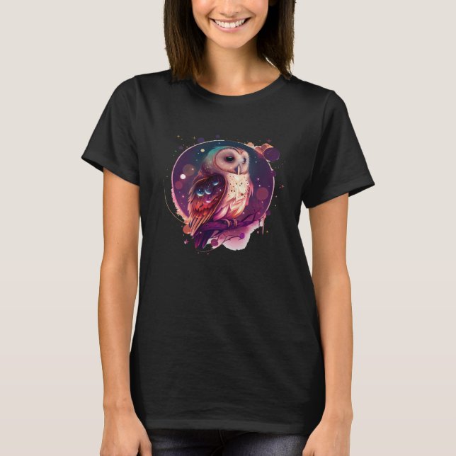 Cute Owl Celestial Elements Illustration T Shirt (Framsida)