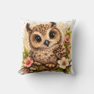 Cute Owl Close-Up Floral Pillow Kawaii Woodland Nu Kudde