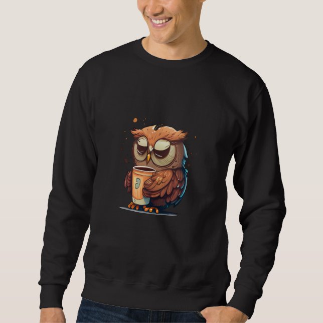 Cute Owl Coffee Bird Animal Sleepy Morning Owls  7 Lång Ärmad Tröja (Framsida)