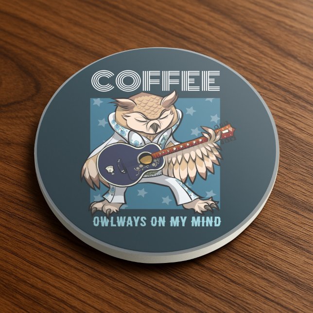 Cute Owl Coffee Owlways On My Mind Guitar Cartoon Underlägg (Skapare uppladdad)