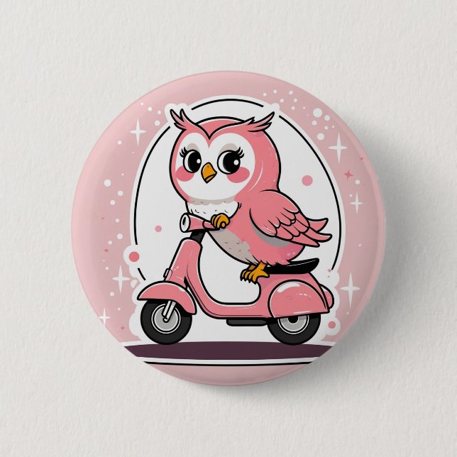 Cute owl driving a scooter knapp (Framsida)