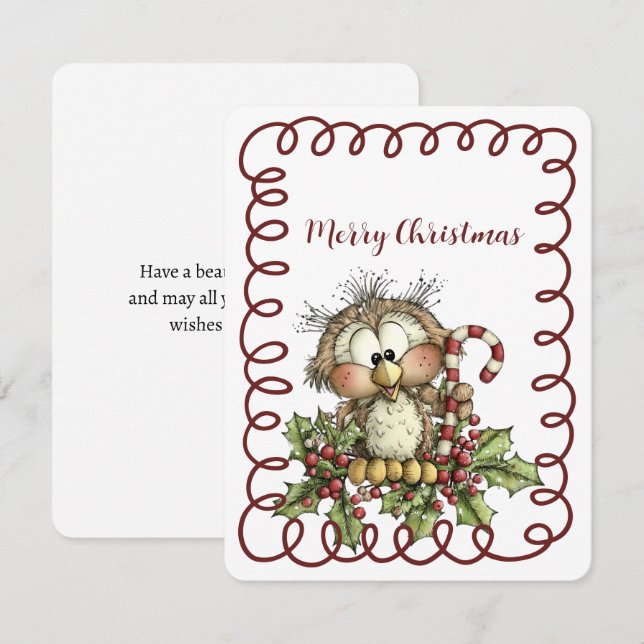 Cute Owl Holding Candy Cane Julkort (Fram/baksida)