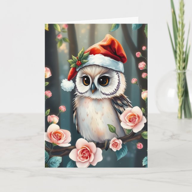 Cute owl in Christmas hat Christmas card Helgkort (Framsida)