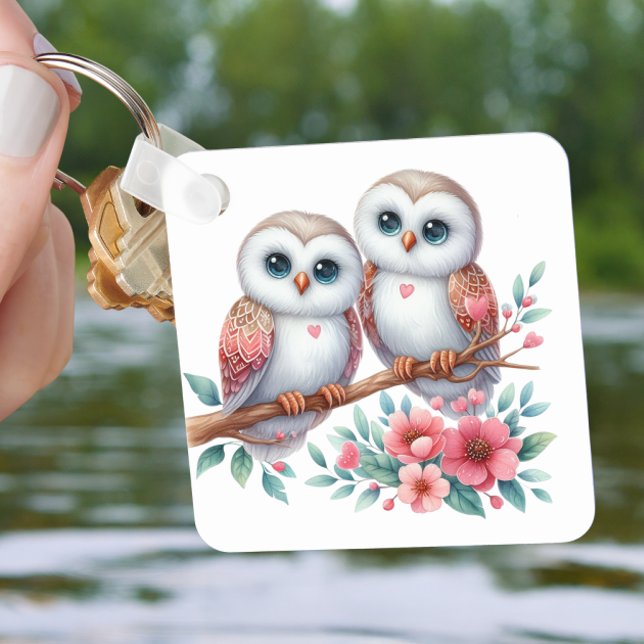 Cute Owl Love Cartoon Woodland Nature Lover Floral Nyckelring (Skapare uppladdad)