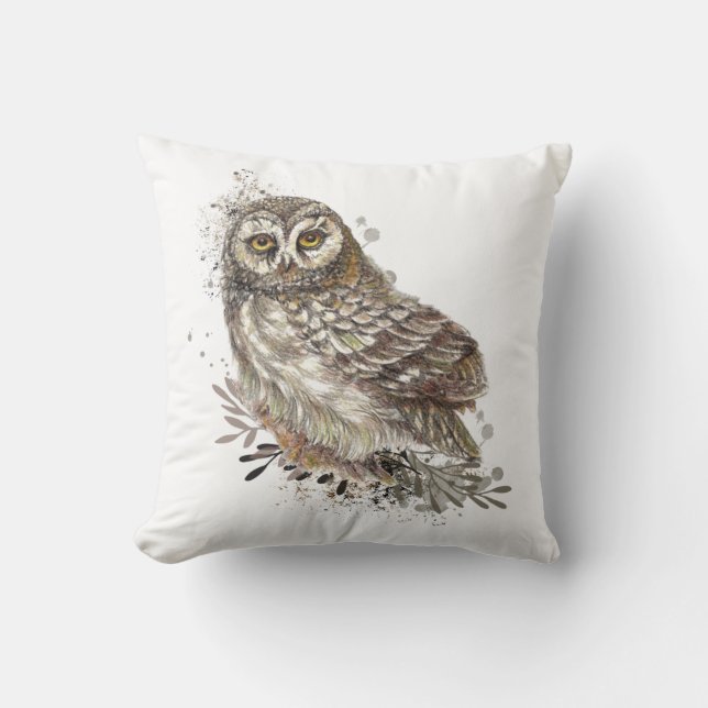Cute Owl ,Watercolor Bird Nature  Kudde (Framsida)