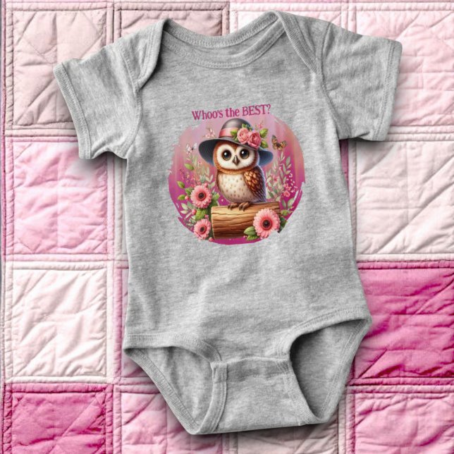Cute Owl with Hat & Floral Scene T Shirt (Owl art baby bodysuit with template text)