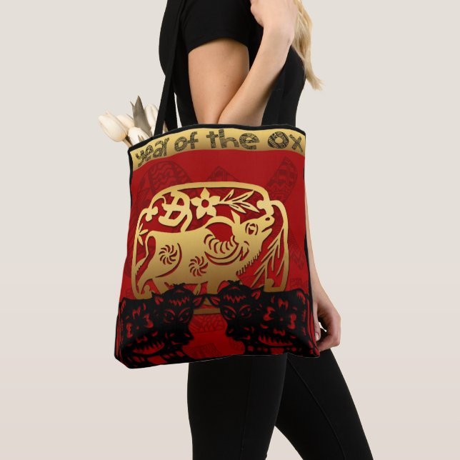 Cute Ox Chinese Year Zodiac Birthday Tote Bag Tygkasse (Närbild)