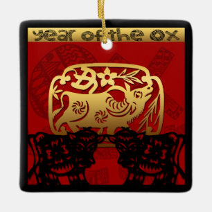 Cute Ox kinesiskt år Zodiac Birthday Square O Julgransprydnad Keramik