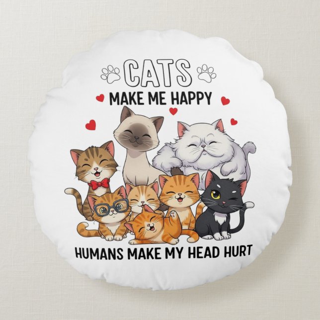 Cute Pack of Happy Cats Rund Kudde (Framsidan)