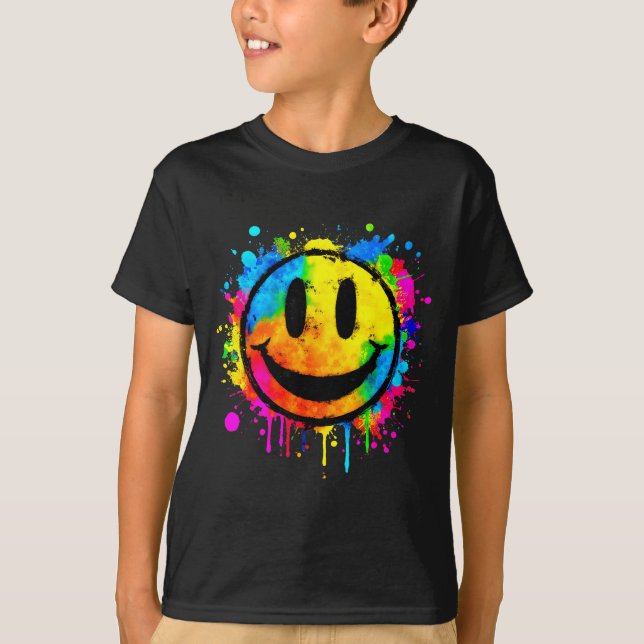 Cute Paint Splash Happy Smile Face 70s Tie Dye Smi T Shirt (Framsida)