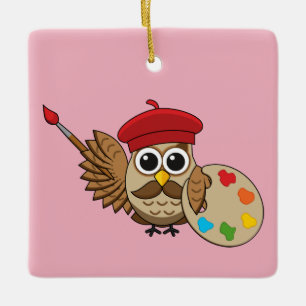 Cute Painter Uggla Tecknad Julgransprydnad Keramik